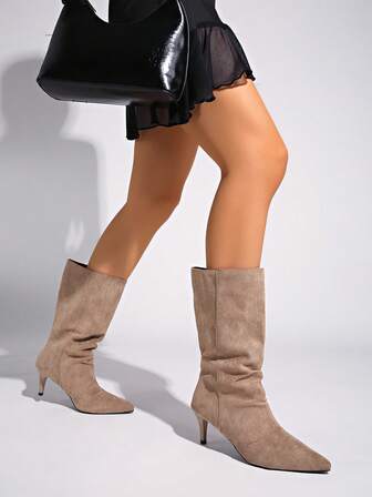 Women's Winter Boots, Pointed Toe Mini Heel Straight Shaft Boots, Elegant Ladies Boots, Black Boots, Brown Boots, Commuting Quality Knee-High Boots, High Heel Boots,Kitten Heels