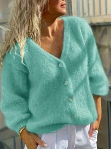 Bright Orange Mohair Cardigan With Soft And Plush Texture, Eye-Catching Orange Tone, V-Neck And Metal Button Design Simple And Atmospheric, Loose Fit Suitable For Various Styles, Wear It In Autumn And Winter - 綠色 - 查看 1