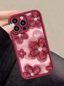 New1pc Wine Red Ombre Red Flower Pattern Full Coverage TPU Shockproof Phone Case, Compatible With Apple 16, 15, 14, 13, 12, 11 Pro Max, Series Waterproof Anti-Fall Scratch Resistant-For-Your-New-HotSuitable For IPhone 17 Air - 酒紅色 - 查看 3
