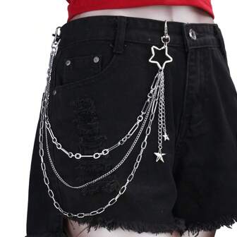 Corrente de calça unissex estilo streetwear com pingente de estrela prateada, corrente multicamadas, para decoração personalizada, ideal para passeios diários e festas da moda.