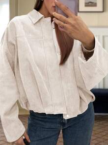 Womens Oversized Faux Suede Bomber Jacket Cropped Zip Up Lapel Coat Fall Winter Fall Winter Fashion Outfits - Màu be - Xem 2