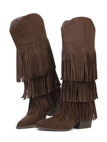 Women's Retro Fringe Knee High Cowboy Boots Fashion Pointed Toe Block Chunky High Heels Pull On Vintage Western Cowgirl Boots - 棕色 - 查看 7