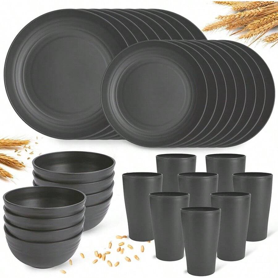 Plastic Plates And Bowls Sets, Dishwasher And Microwave , Reusable, Lightweight Unbreakable Dinnerware Sets 8, 32 Pcs - Kitchen, Camping, Outdoor, RV - Wheat Straw Look - Dark Grey - View 1