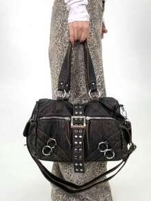 Y2K 街头风女士个性化鳄鱼纹手提包，大容量复古铆钉工艺单肩包，多口袋拼接可拆卸肩带，斜挎包，日常、工作、派对皆宜，是绝佳的节日时尚礼物。 - 黑色 - 查看 5