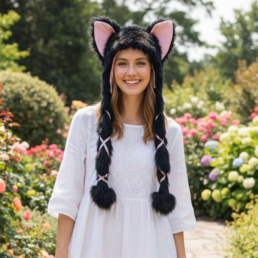 Women Fleece Hat Winter Warm Fox Ears Decor Soft Lightweight Beanie Earflap Hat For Daily And Cosplay Party - Black - View 1