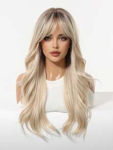 Long Wavy Wigs For Women 24 Inch Rooted Ombre Dark Brown Balayage Brown To Blonde Highlights Layered Loose Wave Wig With Air Bangs Heat Resistant Synthetic Fiber Natural Looking Hair Replacement Wig For Cosplay Party Daily Use Photo Shoot - Blonde Ombre - View 4