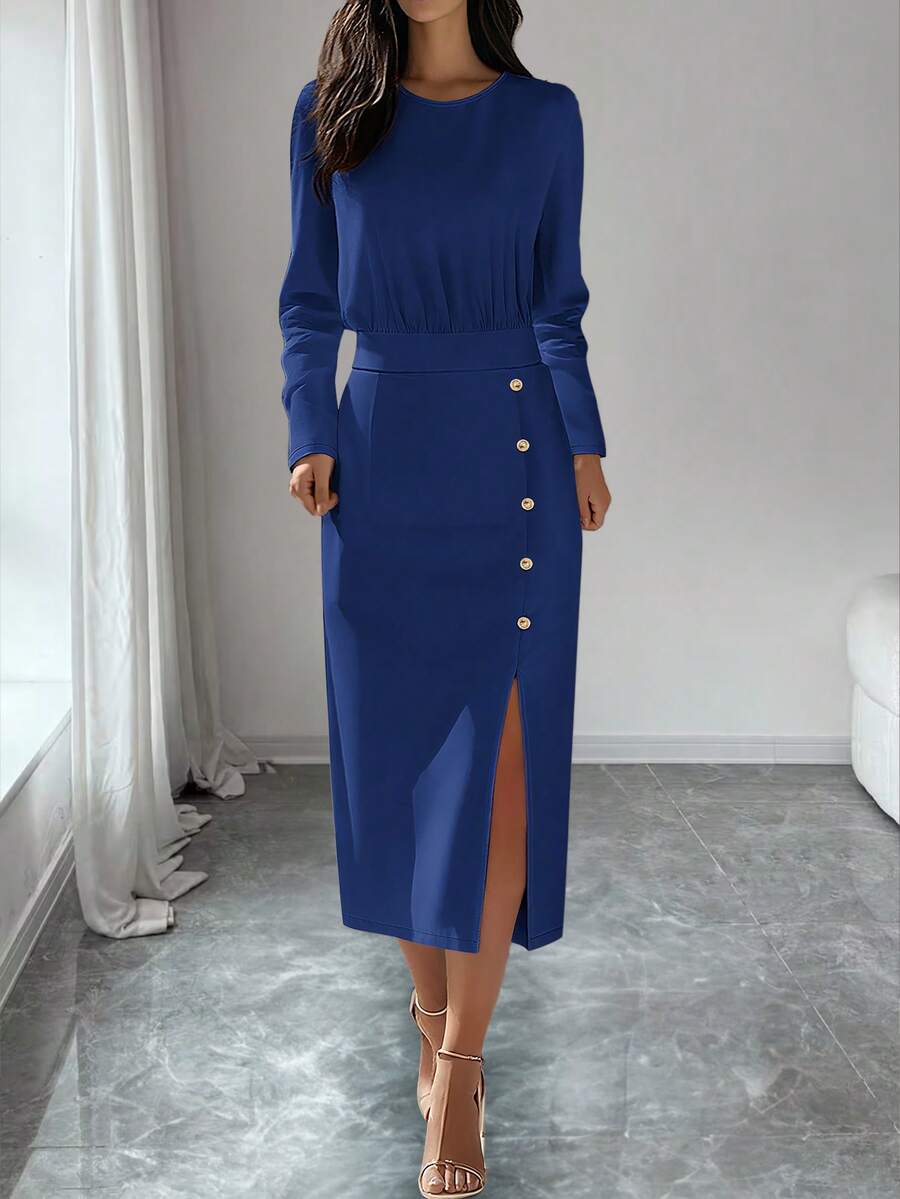 Women's Elegant Long Sleeve Midi Dress With Button Detail And Side Slit Solid Color Family Gathering Date Commuting - Lady's Elegant Dress