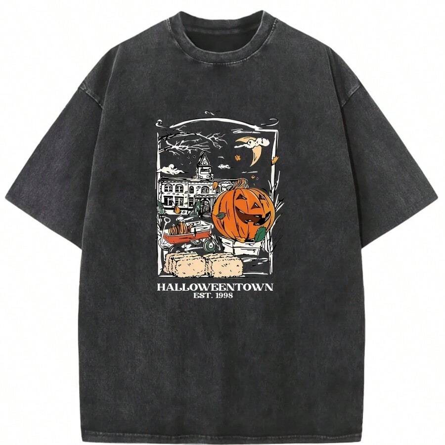 Vintage Washed High-Quality Cotton-Patterned T-Shirt, Old Summer Clothing With Off-The-Shoulder Sleeves And Round Neck - màu đen - Xem 1