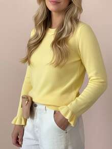 大码女装秋装时尚奶油黄色圆领荷叶边长袖休闲简约舒适毛衣，适合日常穿着、下午茶、办公室穿着、返校服装 - 黃色 - 查看 5