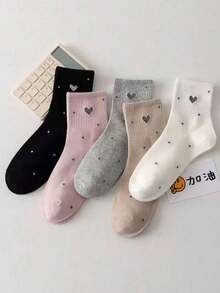 5 Pairs Women's Polka Dot & Heart Crew Socks Mid-Calf Socks, Fashion Versatile Athletic Socks, Suitable For All Seasons - Multicolor - View 6