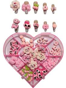 60pcs Kawaii Sweet Gift Box Set Lollipop Skeleton Rabbit Head Bunny Bow Tie Bear Pink I Love You Envelope Cherry Ornament Resin Long Nail Art Decoration Charms 3D Cartoon Handcraft Junk Phone Case Accessories Cute Diy Crafts - Pink - View 11
