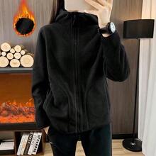 女士宽松双面连帽抓绒外套，保暖休闲，适合居家、户外、徒步、秋冬季穿着，黑色 - 黑色 - 查看 9