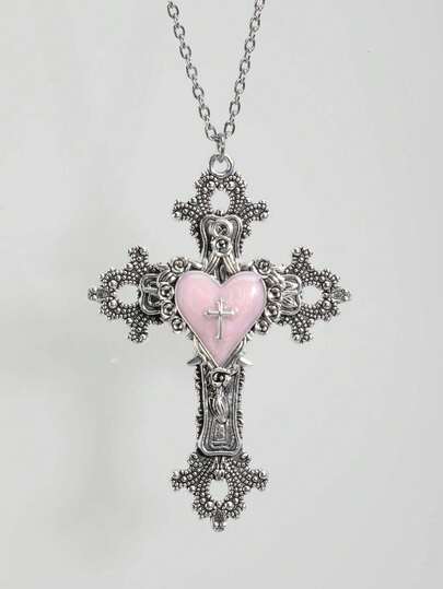 复古哥特式十字架项链，Y2K风格女士项链，不锈钢银链