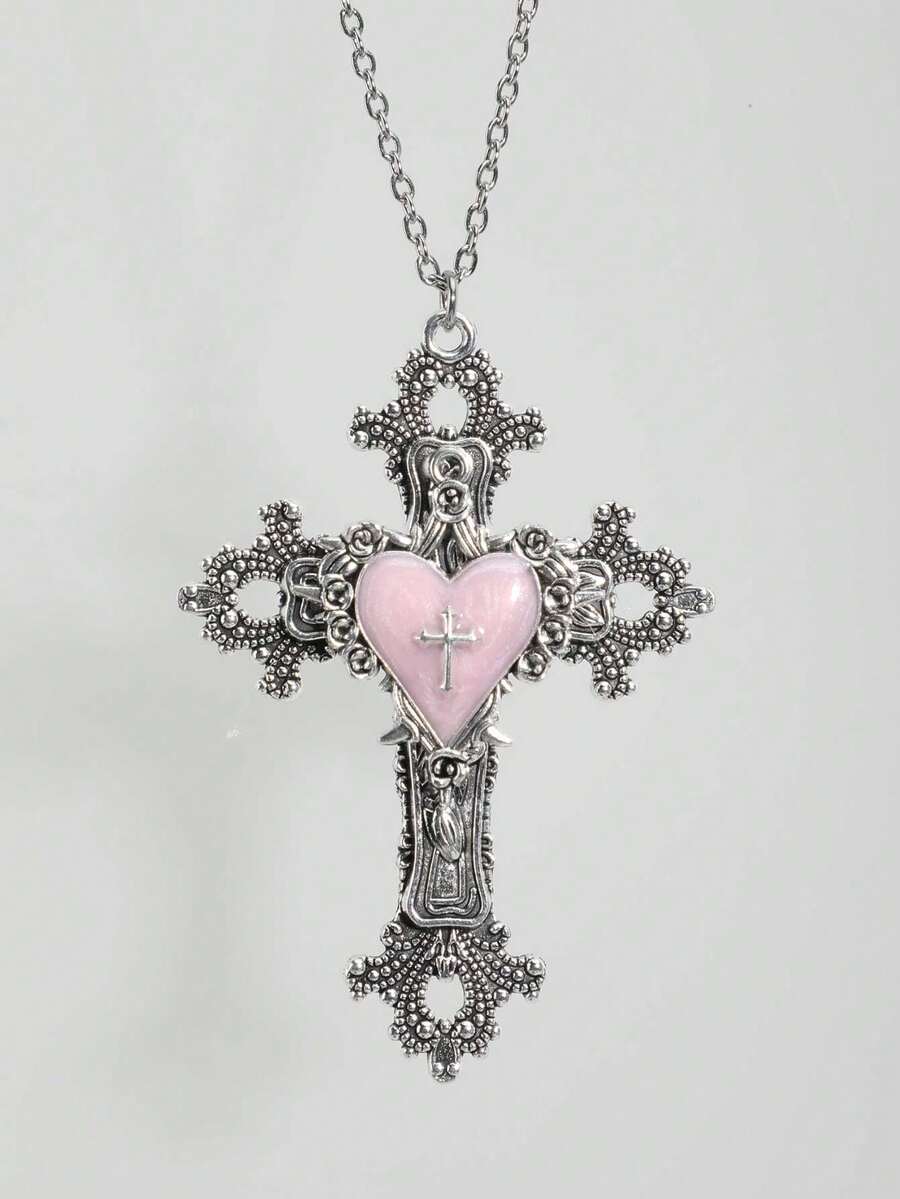 复古哥特式十字架项链，Y2K风格女士项链，不锈钢银链 - 銀色 - 查看 1