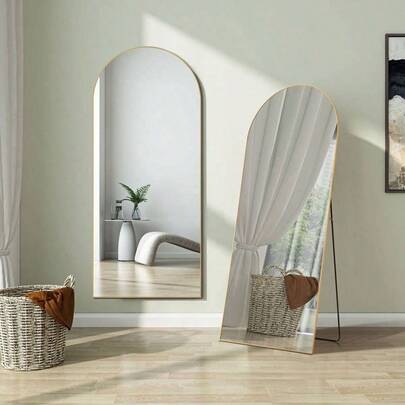 64 Inchx 21 Inch Arched Full - Length Mirror With Stand Or Wall Gold Aluminum Frame Bedroom Or Living Room Modern Elegant Mirror