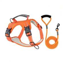 反光可调节狗狗胸背带和牵引绳套装，透气网眼宠物背心，带加厚手柄和牵引绳，让狗狗户外散步更舒适 - 适合中大型犬 - 适合夜间散步和户外探险 - 送给狗主人的完美礼物