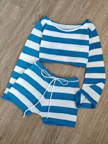 Sexy Beach Holiday Two Pieces Set Women Summer Outfits For Women 2pcs/Set Women Striped Crew Neck Long Sleeve Cropped Sweater & Knitted Shorts ,Holiday Outfits,Ibiza Outfits,Crochet Co Ord - Multicolor - View 3