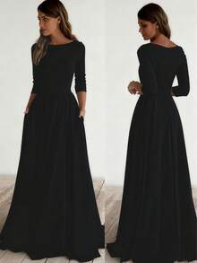 Solid Color Elegant Knit Fabric Zipper Pleated Wedding Dress Black Spring - Black - View 1