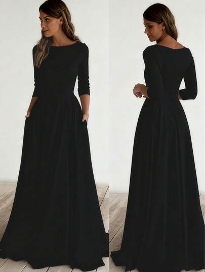 Solid Color Elegant Knit Fabric Zipper Pleated Wedding Dress Black Spring