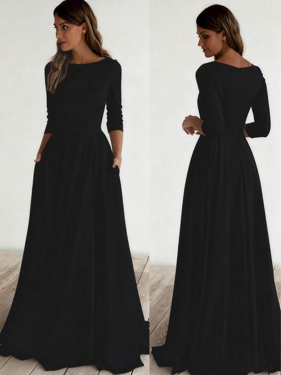 Solid Color Elegant Knit Fabric Zipper Pleated Wedding Dress Black Spring - Black - View 1