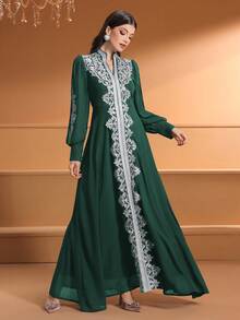 Elegant Women's Long Green Kaftan Robe, V-Neck Design, Regular Sleeve Length, Contrast Color Mesh Applique Detail Eid - Dark Green - View 5