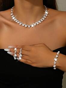 1 套时尚简约婚礼珠宝仿珍珠和钻石项链、耳环、手链适合女士婚礼派对