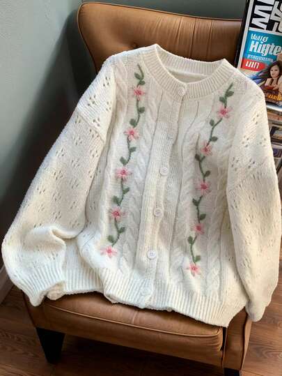 JIANHU Vintage Floral Embroidery Cardigan For Women | Cream Cable Knit Sweater | Cozy Fall Winter Knitwear | Korean Style Soft Knit Top | Warm And Versatile For Christmas, New Year Party & Daily Outfits