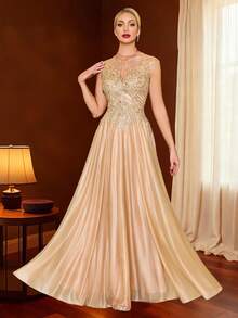 Váy dạ hội chữ A đính cườm ren sâm panh thanh lịch dành cho nữ - Hoàn hảo cho đám cưới, tiệc tùng, tốt nghiệp, sinh nhật, Giáng sinh, năm mới và các dịp trang trọng - Rượu sâm banh - Xem 6