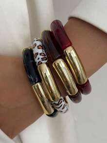 3 件装复古亚克力竹珠堆叠手链，简约时尚女士弹性袖口手链，适合日常佩戴、派对和度假，装饰首饰套装 - 3件套手鍊 - 查看 7