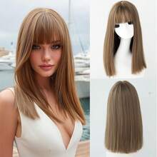 7JHH WIGS High Quality 16-Inch Shoulder Length Straight Brown Wigs For Women - Elegant Light Brown Wig With Bangs, Soft Silky Heat-Resistant Synthetic Fiber Hairpiece For Daily Wear, Perfect For Holidays Cosplay & Music Festival Use, Graduation Gift & Mother's Gift Wig Accessory - Light Brown - 查看 11