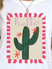 仙人掌花卉图案返校可爱女式上衣复古 T 恤，加大码 T 恤 - 女式休闲圆领短袖图案 T 恤，女式秋季服装