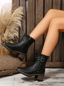 Damskie buty w stylu western, duże, z pięcioramienną klamrą w kształcie gwiazdy, na grubym obcasie, z platformą i zamkiem błyskawicznym z boku, z kwadratowymi noskami, odpowiednie na każdą porę roku - Czarne - Zobacz 2