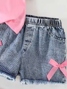 Kleinkind Mädchen Cartoon Muster Kurzarm Top und Denim-Shorts Set - Pink - Übersicht 4