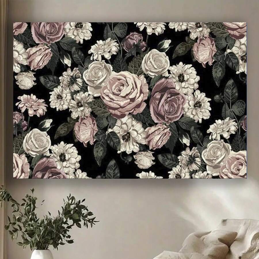 Framed  Dark Rose Flower Canvas Wall Art Moody Pink And White Rustic Floral Still Life Painting Picture Farmhouse Wall Decor Poster Print Artwork For Bedroom Living Room Woman Room Home Decoration - Framed - 查看 1