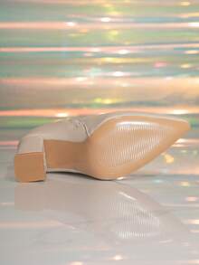 秋冬女士高跟尖头中筒靴，修身法式短踝靴，简约粗跟百搭时尚靴 - 米色 - 查看 6