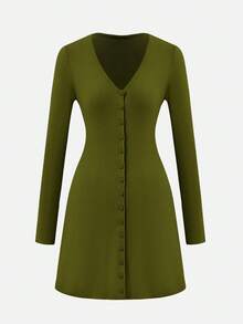 2025秋冬新款女士针织连衣裙，优雅端庄，休闲大方，V领长袖轻盈毕业典礼礼服，适合返校季、圣诞节、新年等场合。 - 綠色 - 查看 11