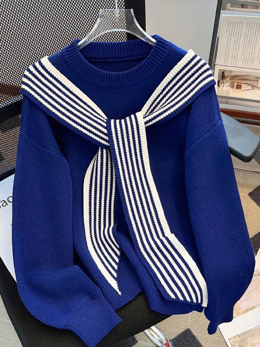 女式纯色长袖圆领毛衣,秋冬时尚休闲航海条纹撞色围巾装饰宽松针织套头衫 - 寶藍色 - 查看 1