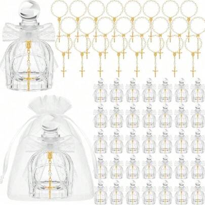 24 sets de botellas de agua bendita católica a granel, favores de bautizo para invitados, botellas de vidrio católicas cristianas, pulsera con cruz dorada, bolsas de organza, cinta para regalo de boda, bautizo de la iglesia (lazo de encaje, blanco)