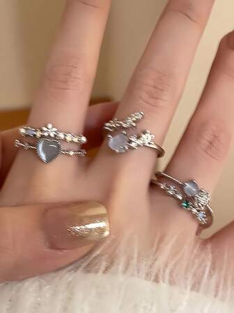 1 套海泡石蓝心月光石锆石可调节开口戒指，简约设计，精致戒指适合女性日常佩戴