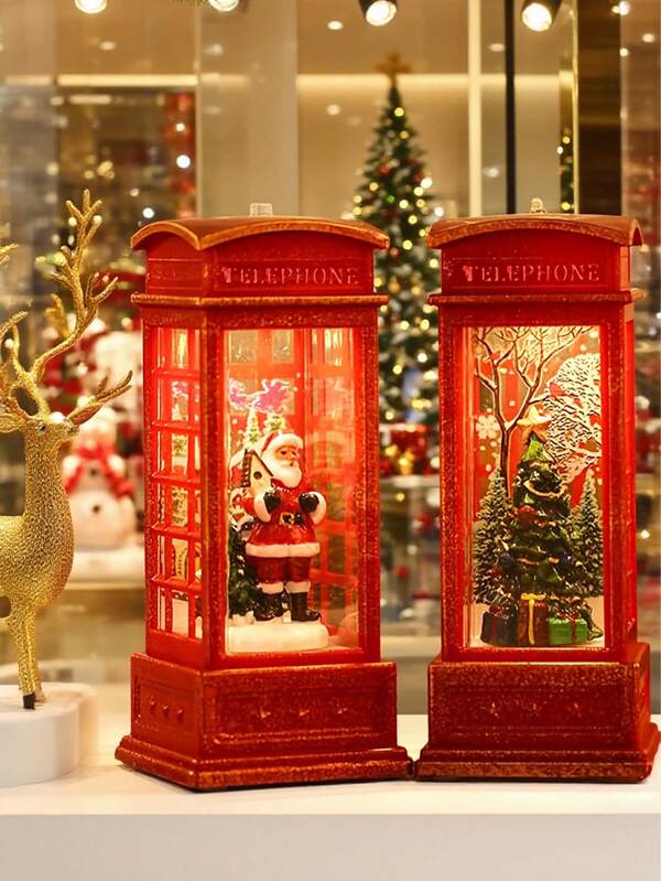1pc-Christmas Style Led Tea Lamp Festive Christmas Phone Booth Decoration With Santa, Snowman,Tree Scenes Battery Operated, Illuminated Red Cabinet For Holiday Fireplace Or Cabinet Display,Christmas Parties Decoration,Candleholder, Night Light, Table Ornament,Christmas Gifts,Christmas Decorations,Hexagonal Lantern, Night Light, Decorative Light, Mood Light