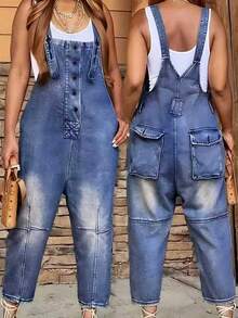 Street Style Women's Denim Overalls, Solid Color Denim Cropped Pants, Mid Waist Non Elastic, Casual And Versatile, Youthful Looking, Suitable For All Seasons, Paired With Multiple Button Decorations, Retro Casual, Suitable For Back To School Season, Commuting, Going Out, Vacation, Lazy Style, Retro Parties, Gatherings, Banquets - Dark Wash - View 2
