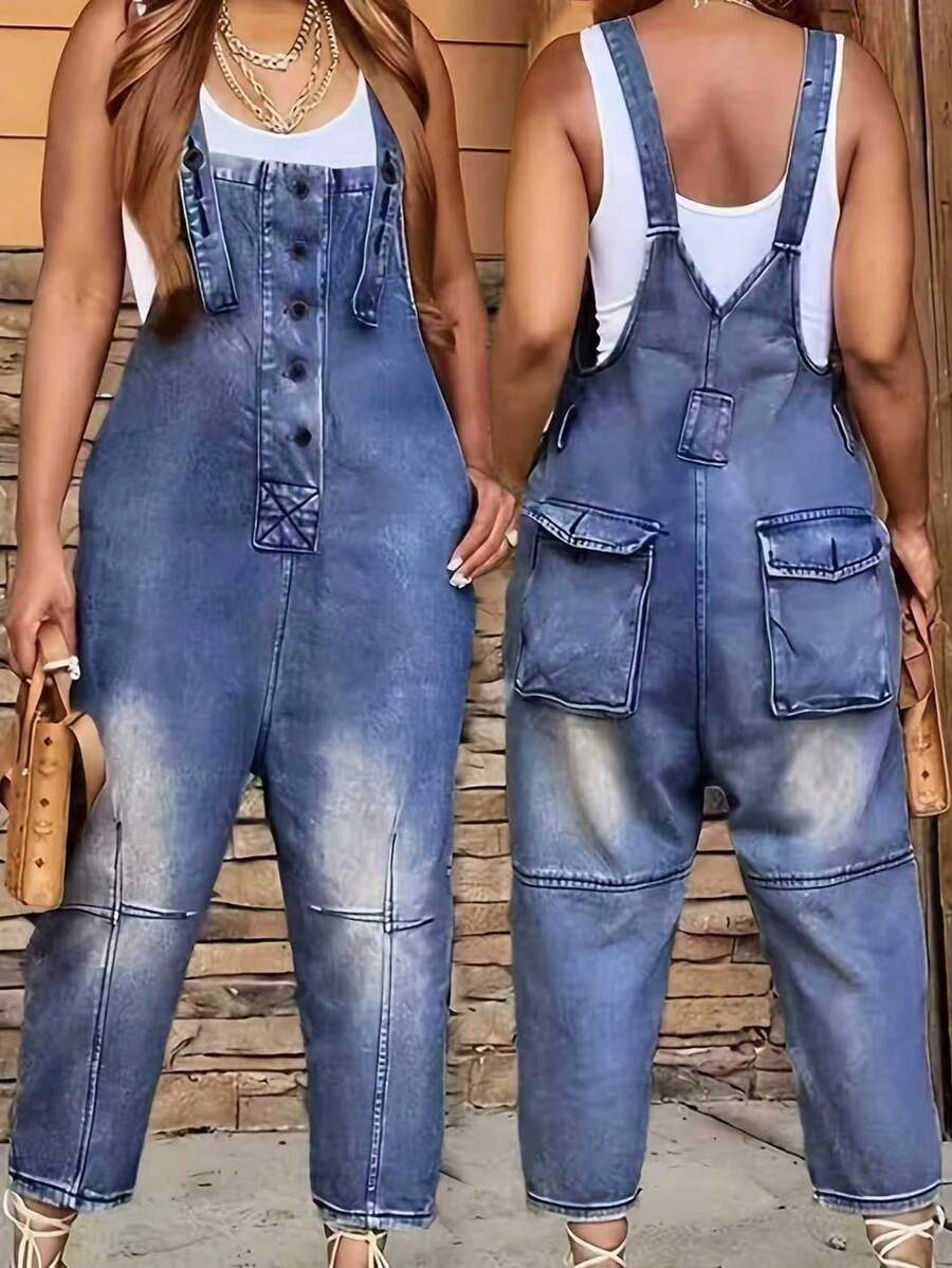 Street Style Women's Denim Overalls, Solid Color Denim Cropped Pants, Mid Waist Non Elastic, Casual And Versatile, Youthful Looking, Suitable For All Seasons, Paired With Multiple Button Decorations, Retro Casual, Suitable For Back To School Season, Commuting, Going Out, Vacation, Lazy Style, Retro Parties, Gatherings, Banquets
