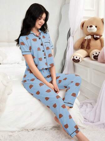 2pcs Women Cute Brown Bear Graphic Long Pants & Button-Up Cardigan Pajama Set