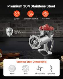 Manual Meat Grinder, 304 Stainless Steel Hand Meat Grinder With Steel Table Clamp, Meat Mincer Sausage Maker & 2 Cutting Plates, Cookie Attachment, Sausage Tube For Beef Pepper Mushroom Cookie - Bạc - Xem 3