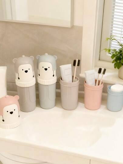 1个卡通熊条纹牙刷架，塑料材质，适合日常使用和旅行，牙刷收纳盒，便携式旅行牙刷杯，适用于旅行、露营、居家、学校和商务场合，男女通用，家居浴室装饰