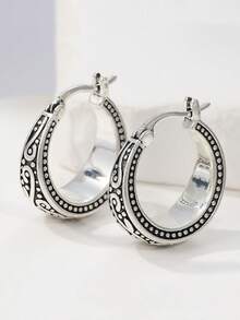 1 Pair Vintage Handcrafted Textured Copper Hoop Earrings, Bohemian Style Round Earrings, Suitable For Everyday Wear And Vacation, Perfect Gift For Her - Antique Silver - View 8