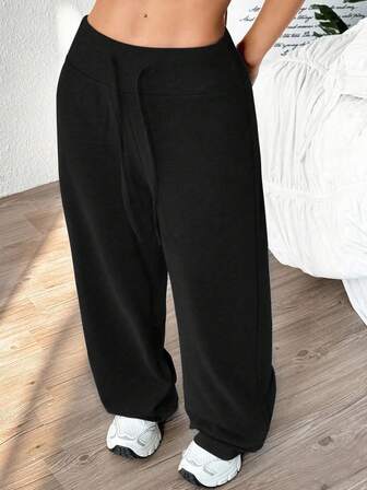 Plus Size Women Solid Color Drawstring Waist Wide Leg Loose Casual Pants, High Elastic Smooth Fabric Jogging Trousers, Comfortable & Fashionable For Daily Commute, Autumn/Winter