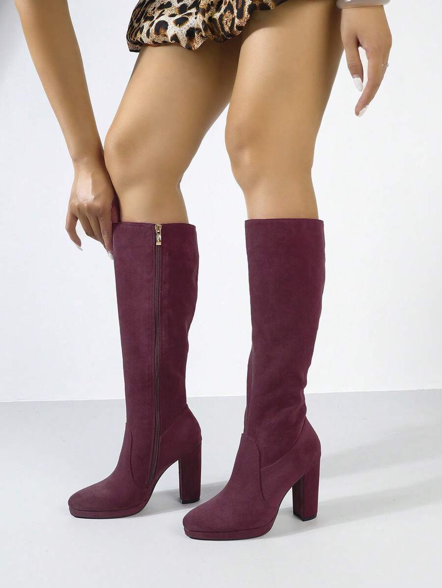 Bottes d'hiver pour femmes, bottes élégantes montantes pour dames, bottes rouges vin, bottes hautes, bottes en denim, bottes à plateforme et semelle épaisse, chaussures de mariage, bottes d'hiver, bottes pour femmes, bottes à talon épais, bottes hautes à super talons hauts - Rouge foncé - Voir 1