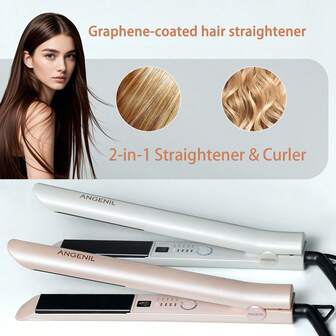  ANGENIL 二合一直发器和卷发棒，石墨烯加热板造型器，粉色和白色可选（理想颜色），5 档温度设置，快速加热，双电压，适合长发和短发，Y2K 风格，非常适合女孩，夏季、秋季、学校、旅行聚会、节日礼物、情人节、母亲节、新年、圣诞节、感恩节和其他场合。