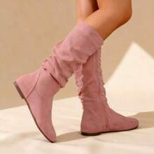 2025 New Women's Solid-Color Fashion Boots: Minimalist Round Toe, Flat Heel & Side-Zip Design-Versatile Mid-Calf & Ankle Styles For Casual Wear - 粉色 - 查看 6